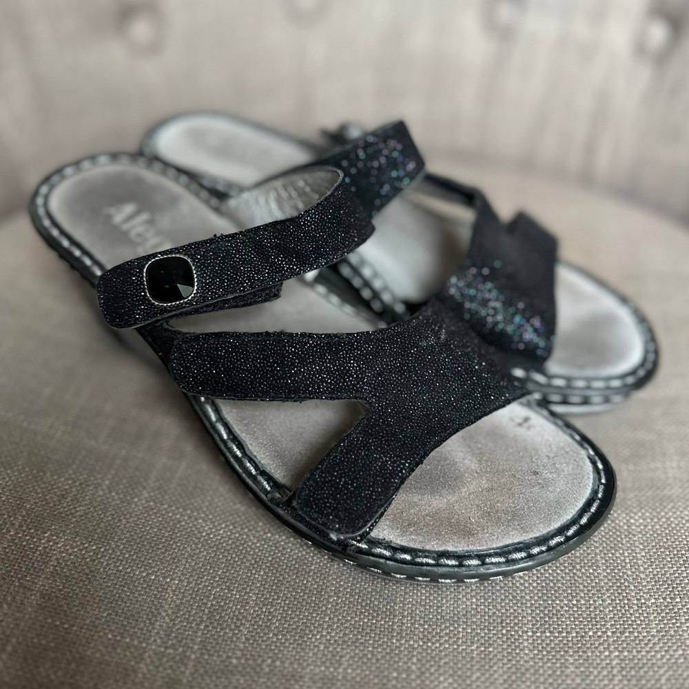 Alegria PG Lite‎ Black Glitter Wedge Sandals Women 35 Gemstone Comfort Slip On